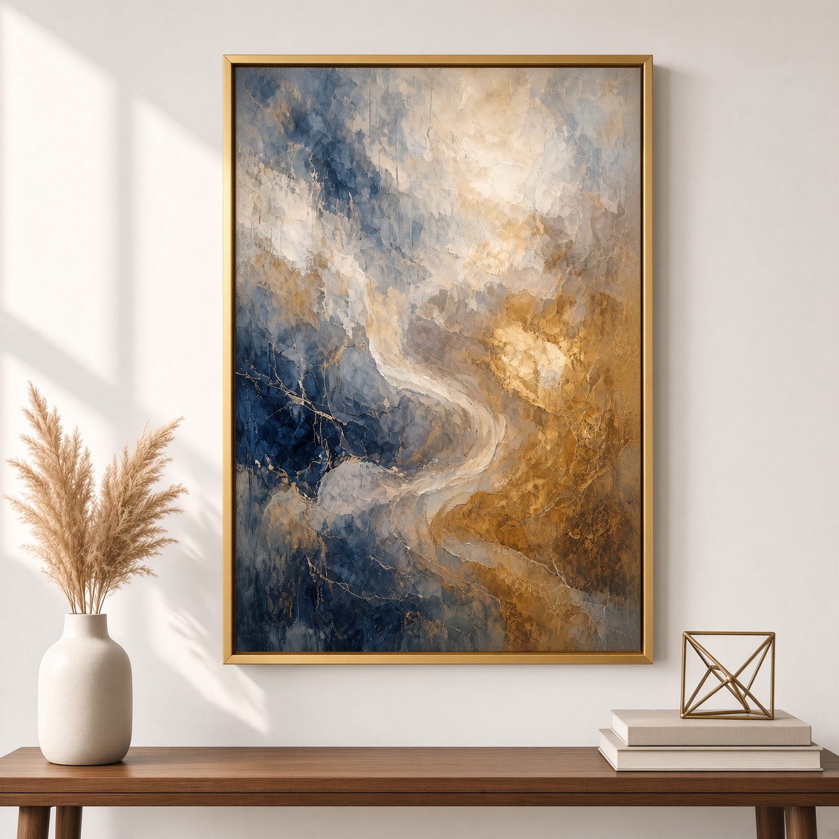 Golden Azure Flow – Textured Abstract Wall Art Print